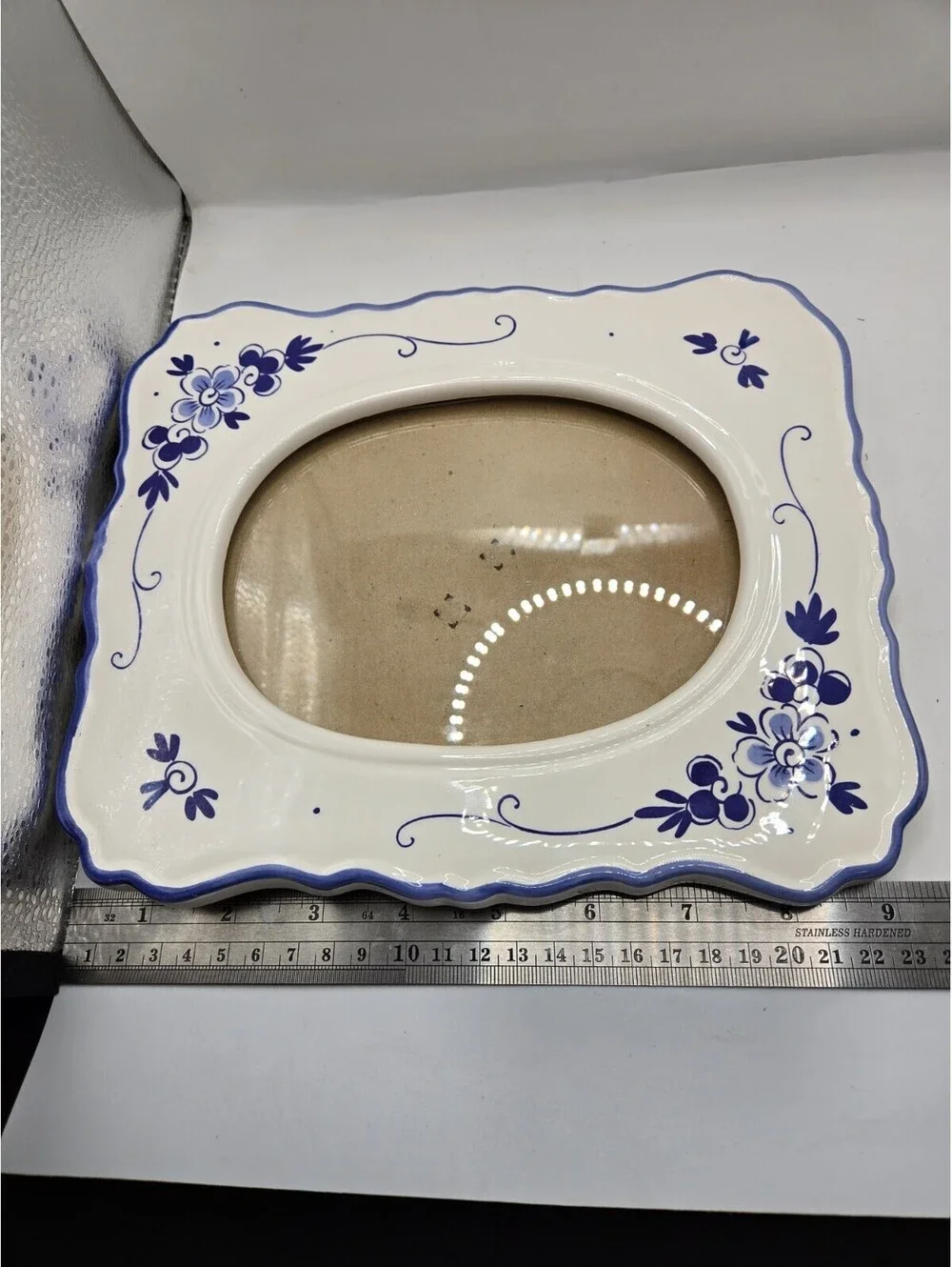 Vintage Delft Style Blue and White Ceramic Picture Frame Oval Photo Wavy Edge
